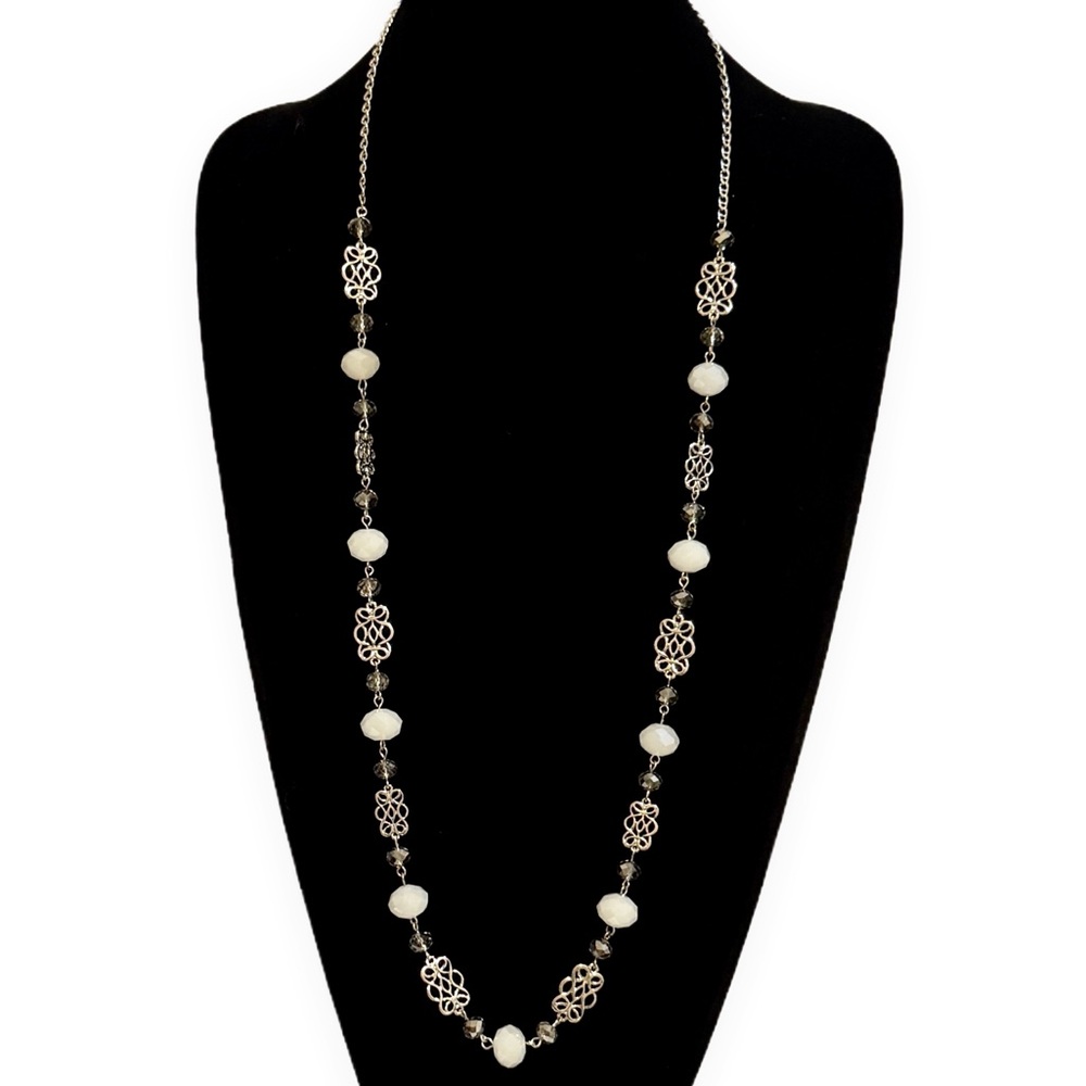 LOFT Silver White Beaded Filigree Long Necklace NWT